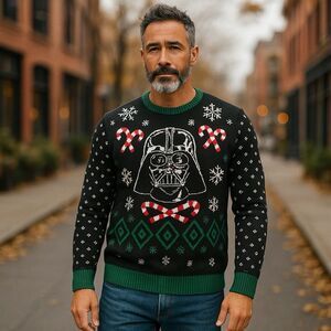 Star Wars Ugly Christmas Sweater Mens L Large Black Pullover Darth Vader Snow